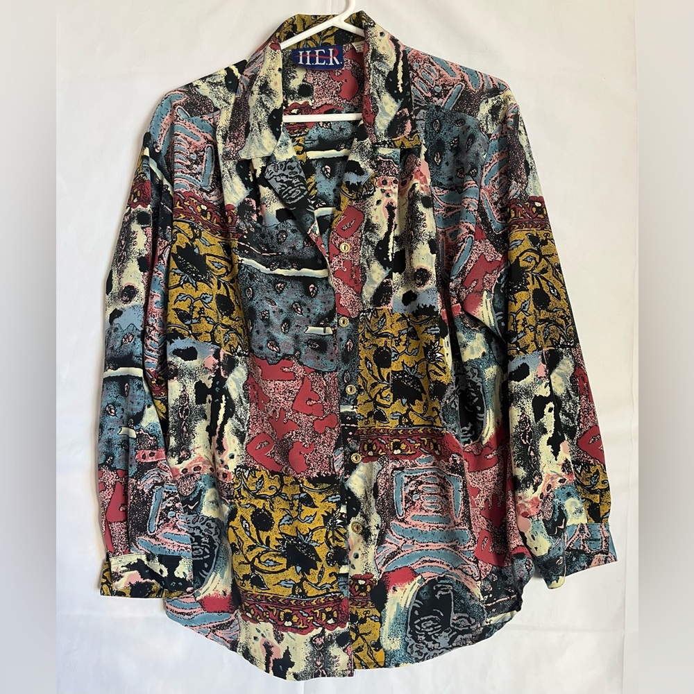 Vintage HER Abstract Patchwork Button Down Blouse